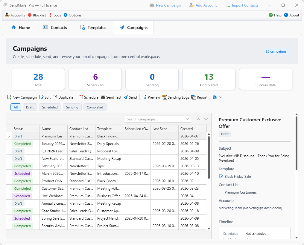 Email campaign management interface overview