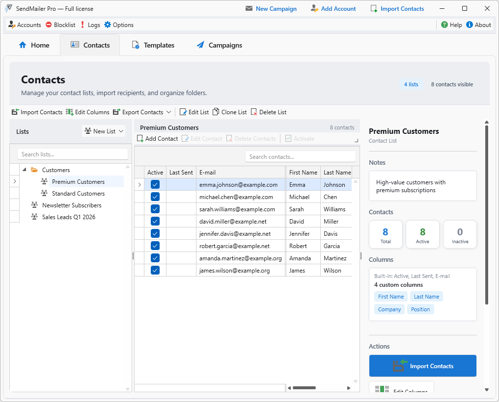 Contact management interface with premium customers