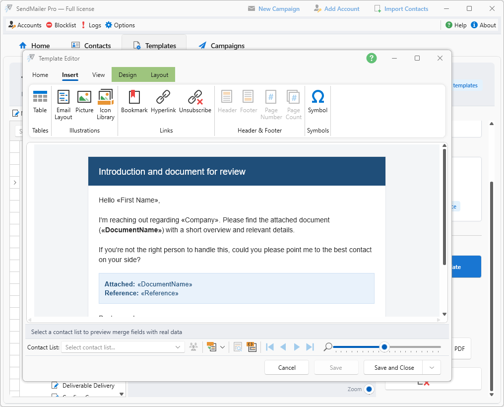 Email template editor with document attachment