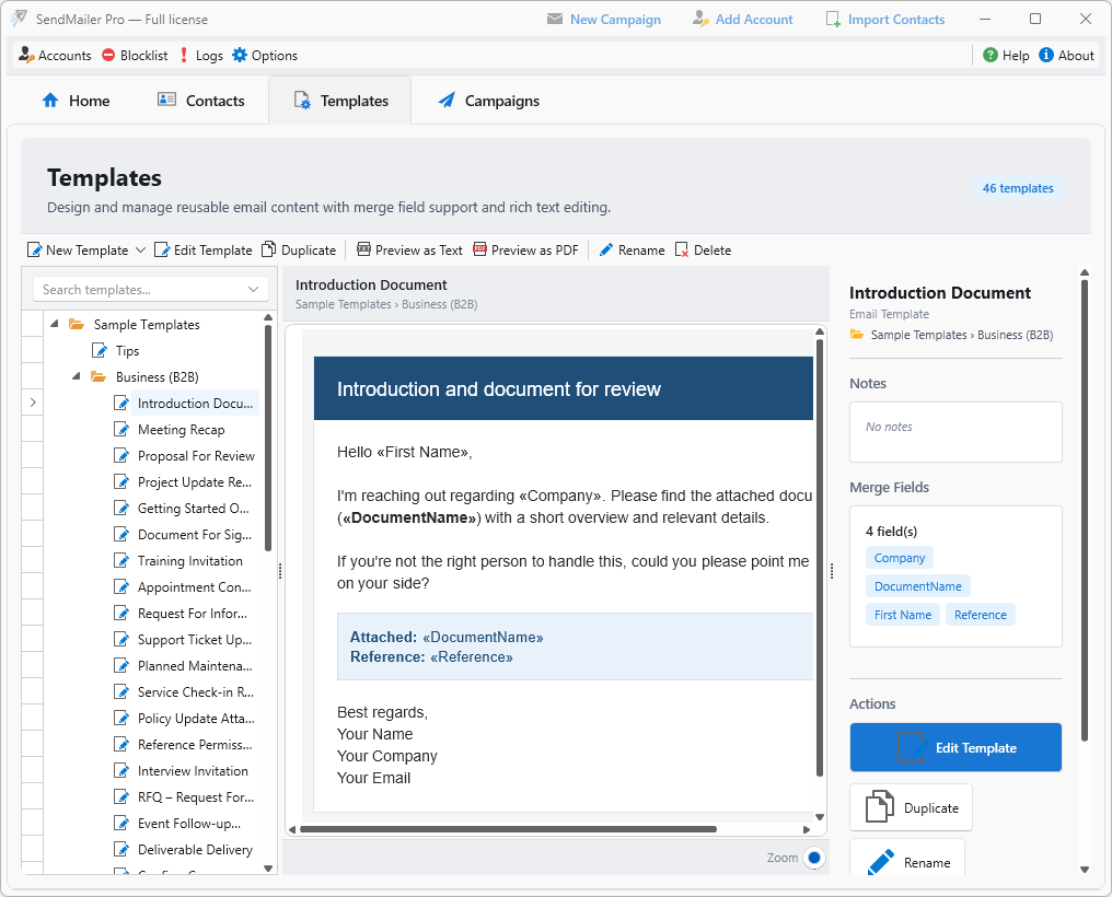 Email template design and editing interface