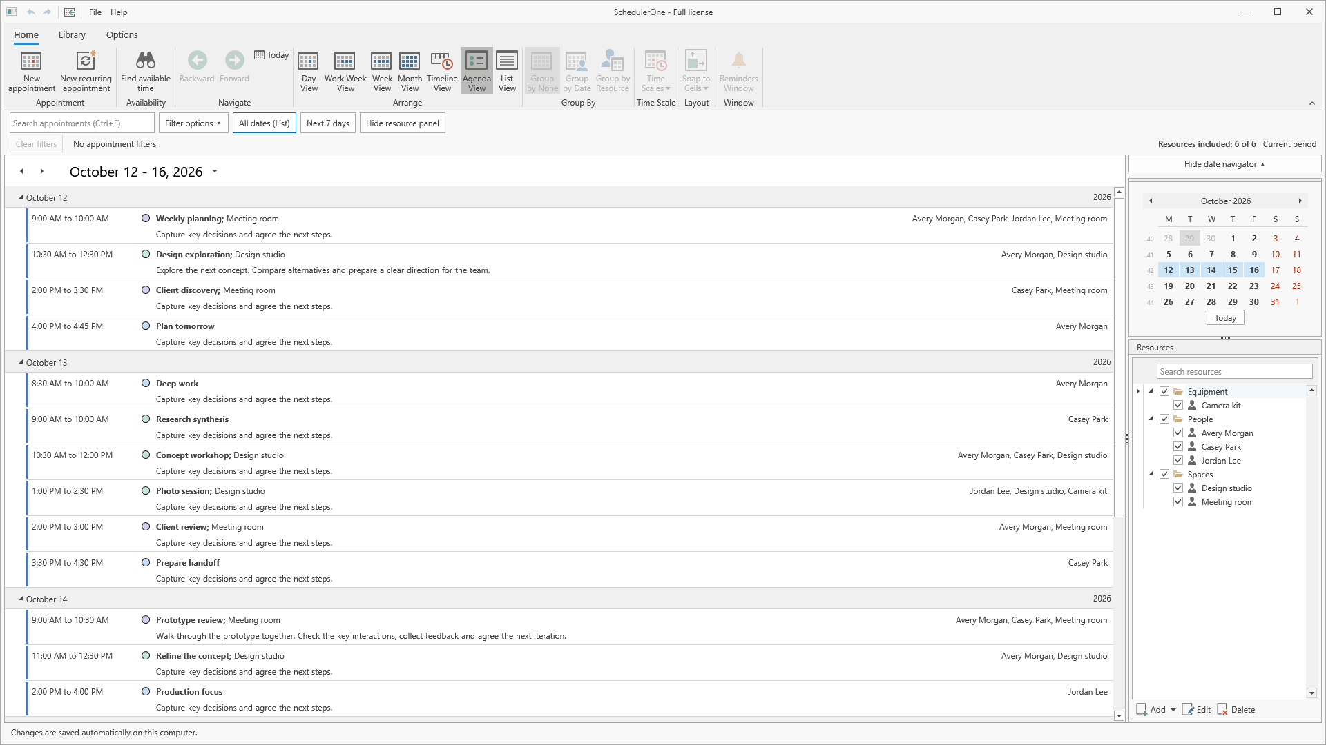 SchedulerOne Agenda view grouping appointment times, descriptions and resources by date.