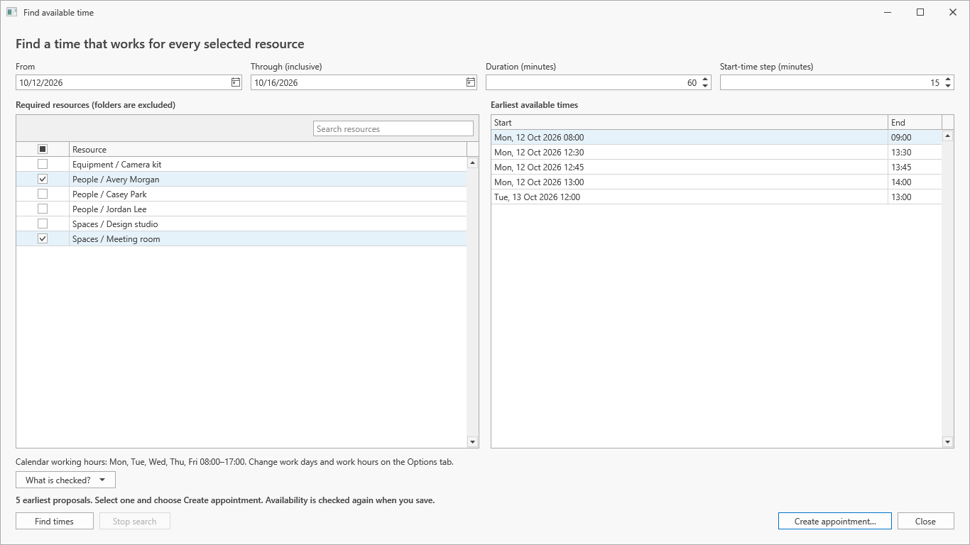 Find available time window with a person and a meeting room selected and five suggested time slots.