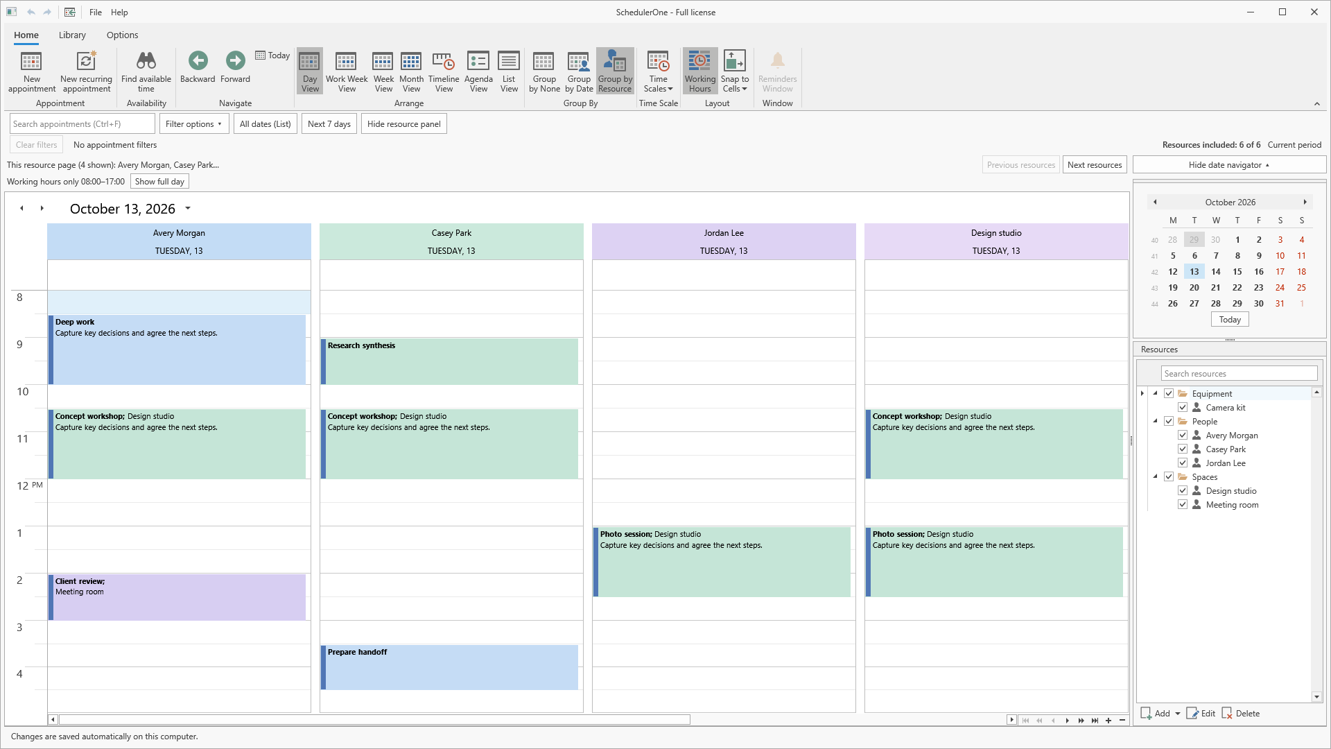 SchedulerOne showing three people's calendars and a design studio, with shared appointments in the assigned resource columns.
