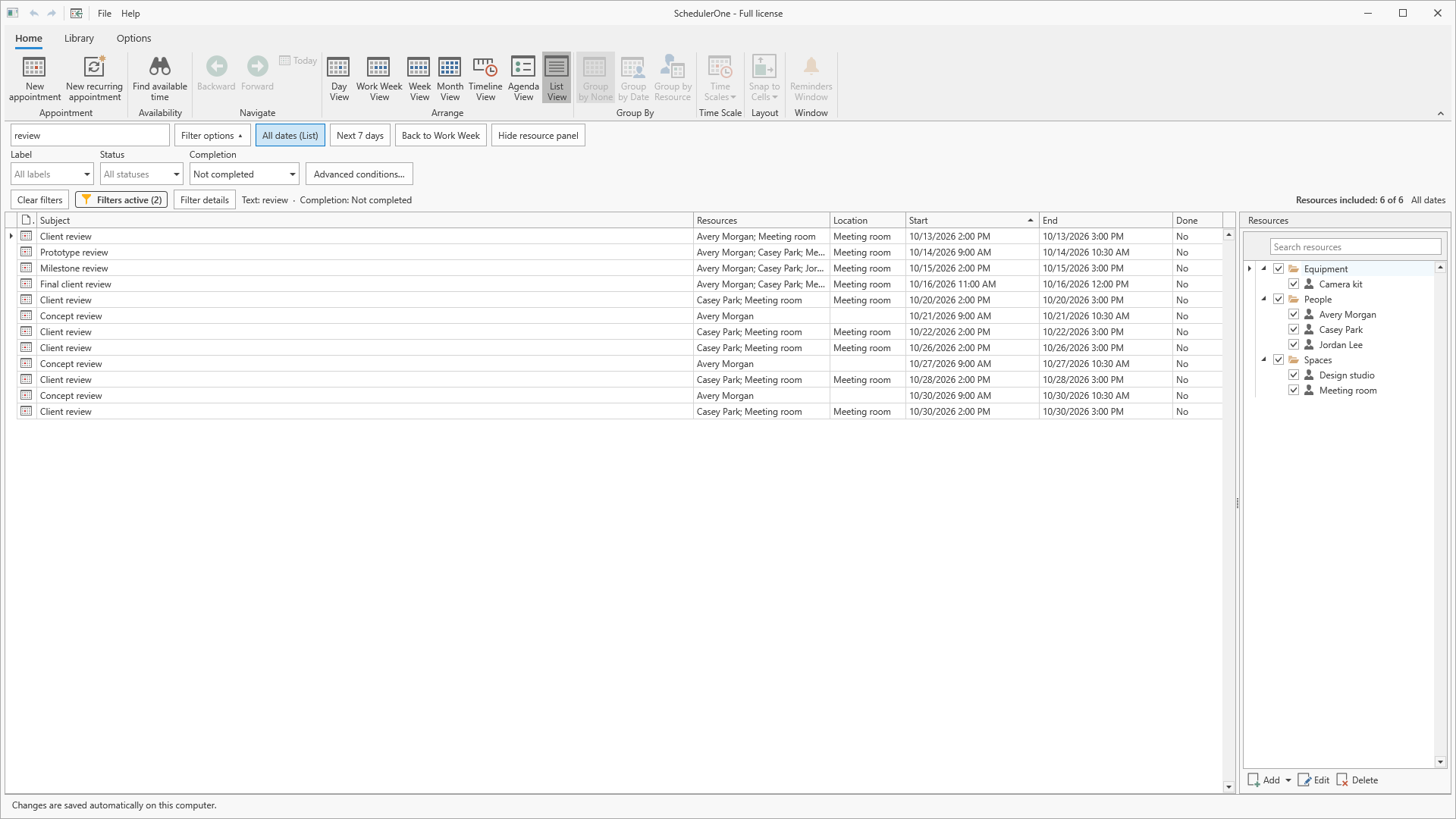 SchedulerOne List view with text search, a completion filter and the active-filter indicator.