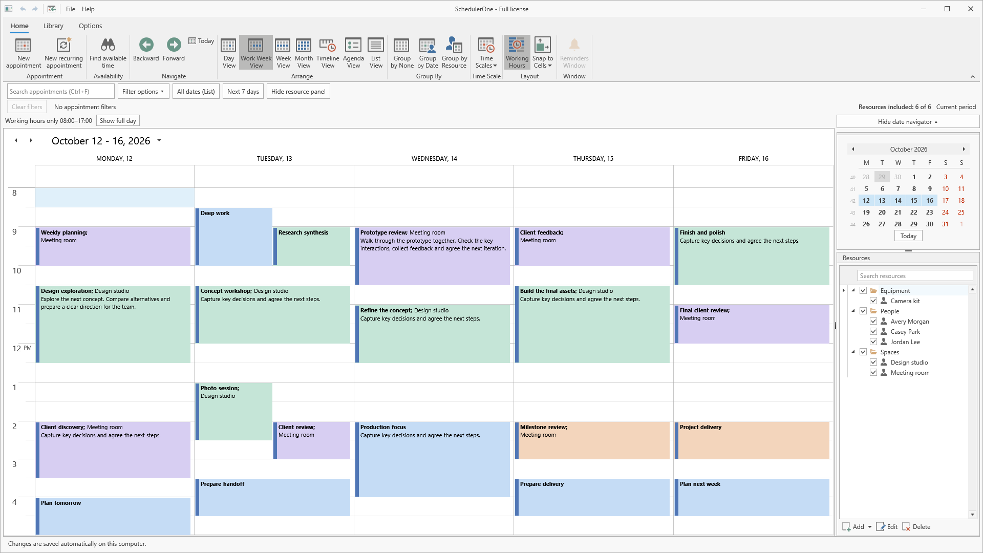 SchedulerOne Work Week view with color-coded appointments from Monday to Friday.