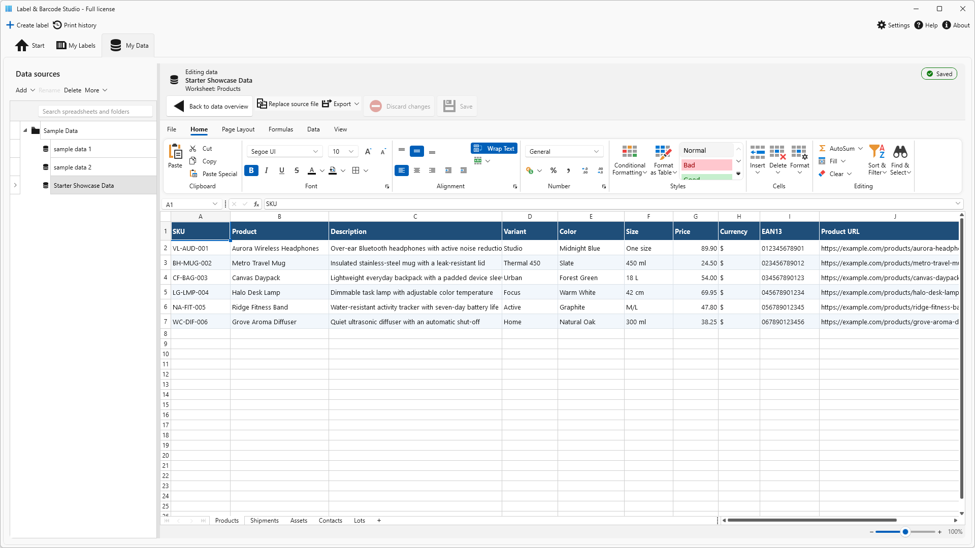 My Data spreadsheet with product codes, names, prices, quantity and URL columns