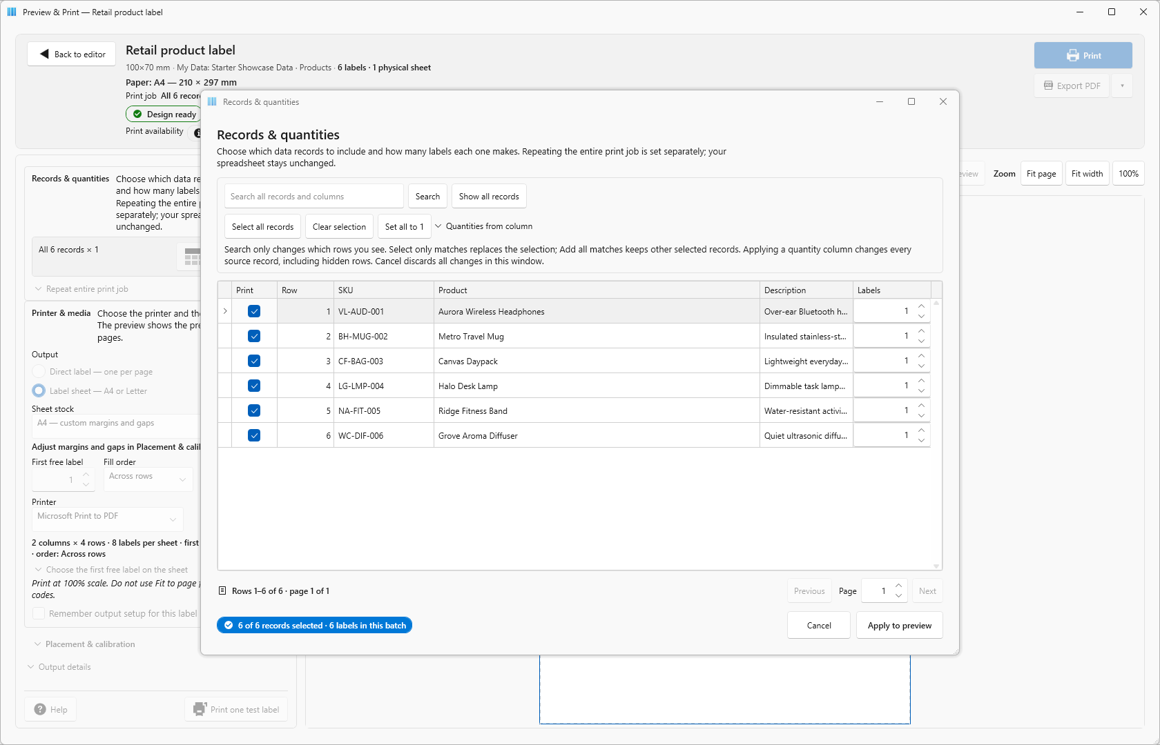 Records and quantities dialog with six selected products and editable label quantities
